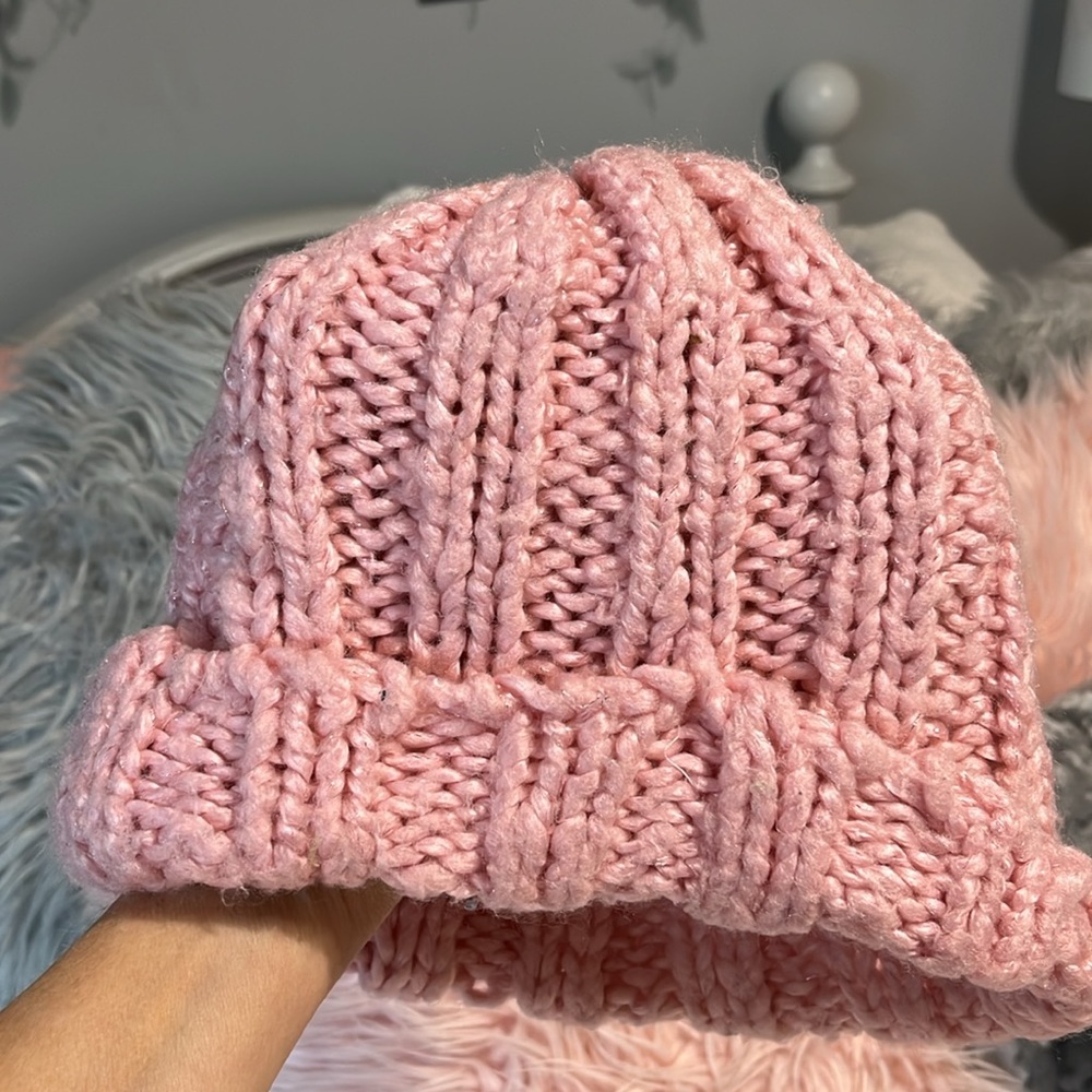 Pink Crochet Winter Cap Fits Womens Oversized Girls 8-16 Acrylic Beanie Hat